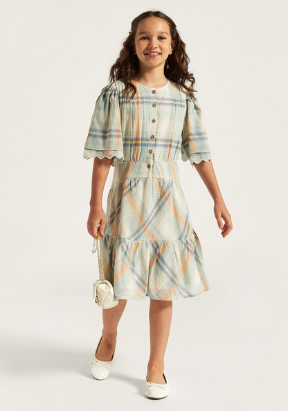 Lee Cooper Checked Tiered Dress with Short Sleeves and Button Closure-Dresses%2C Gowns and Frocks-image-0