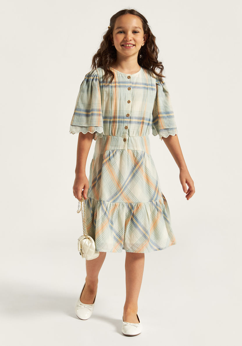 Lee Cooper Checked Tiered Dress with Short Sleeves and Button Closure-Dresses, Gowns & Frocks-image-0