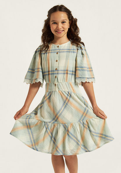 Lee Cooper Checked Tiered Dress with Short Sleeves and Button Closure-Dresses%2C Gowns and Frocks-image-1