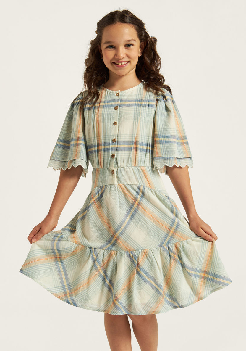 Lee Cooper Checked Tiered Dress with Short Sleeves and Button Closure-Dresses, Gowns & Frocks-image-1