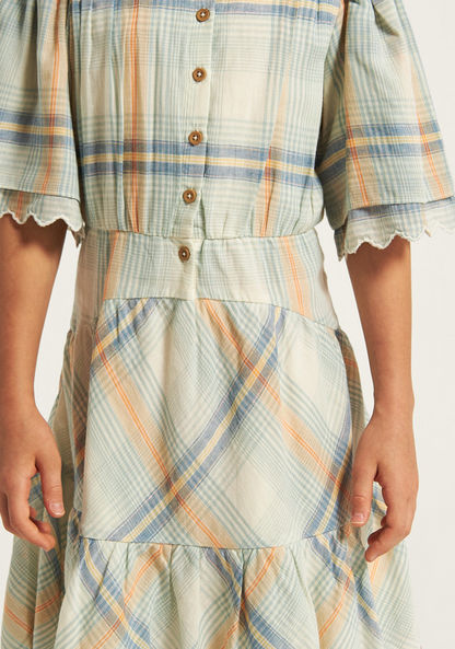 Lee Cooper Checked Tiered Dress with Short Sleeves and Button Closure-Dresses%2C Gowns and Frocks-image-2