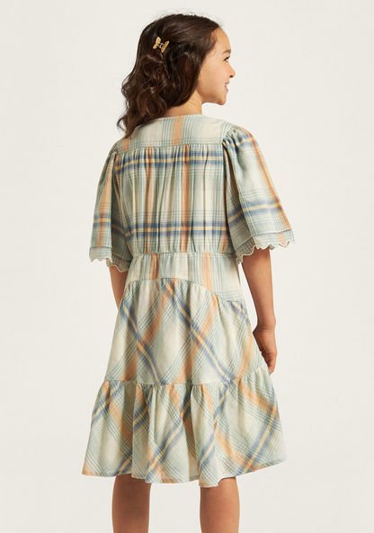 Lee Cooper Checked Tiered Dress with Short Sleeves and Button Closure-Dresses%2C Gowns and Frocks-image-3
