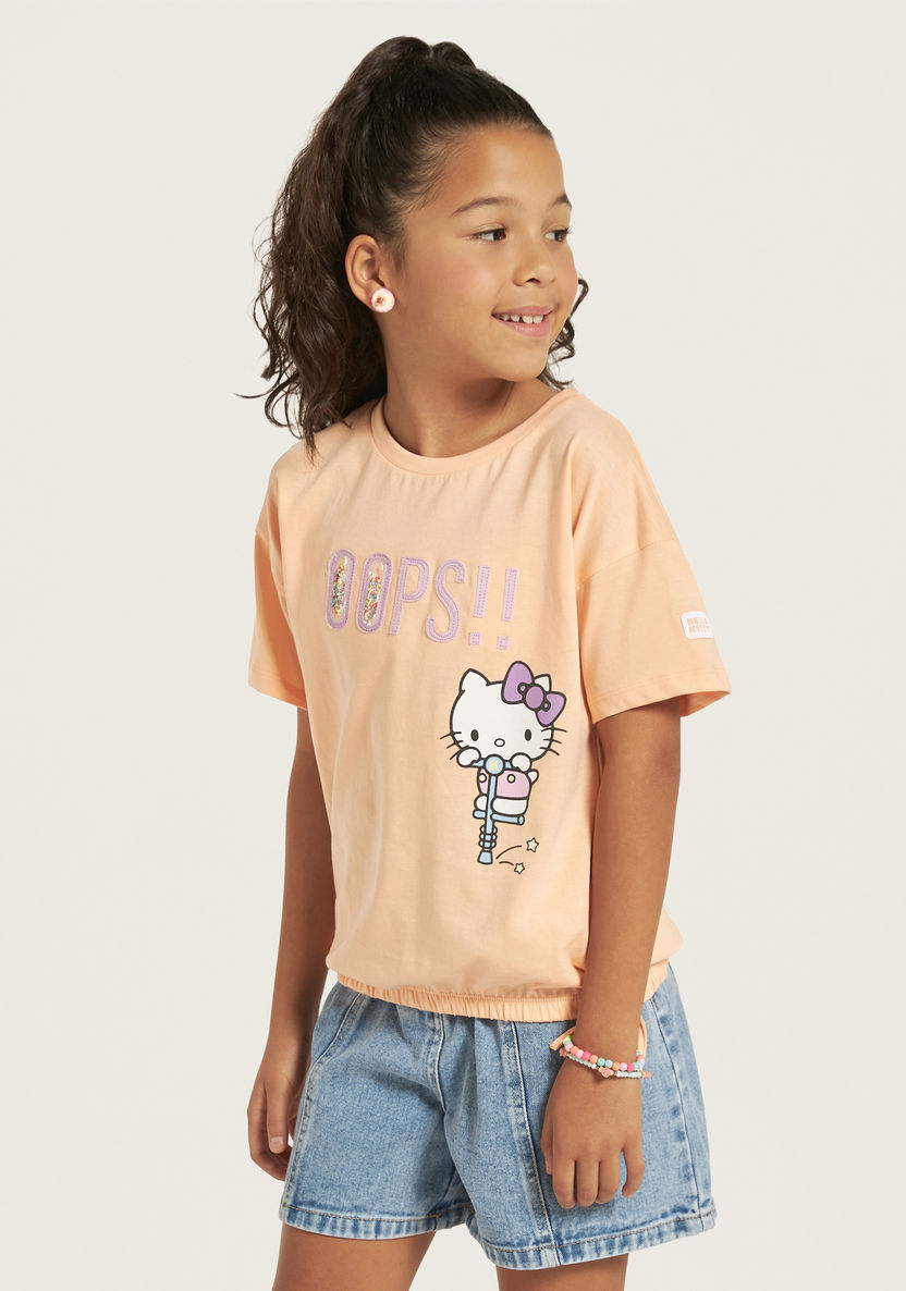 Sanrio Hello Kitty Print T-shirt with Crew Neck and Short Sleeves-T Shirts-image-0