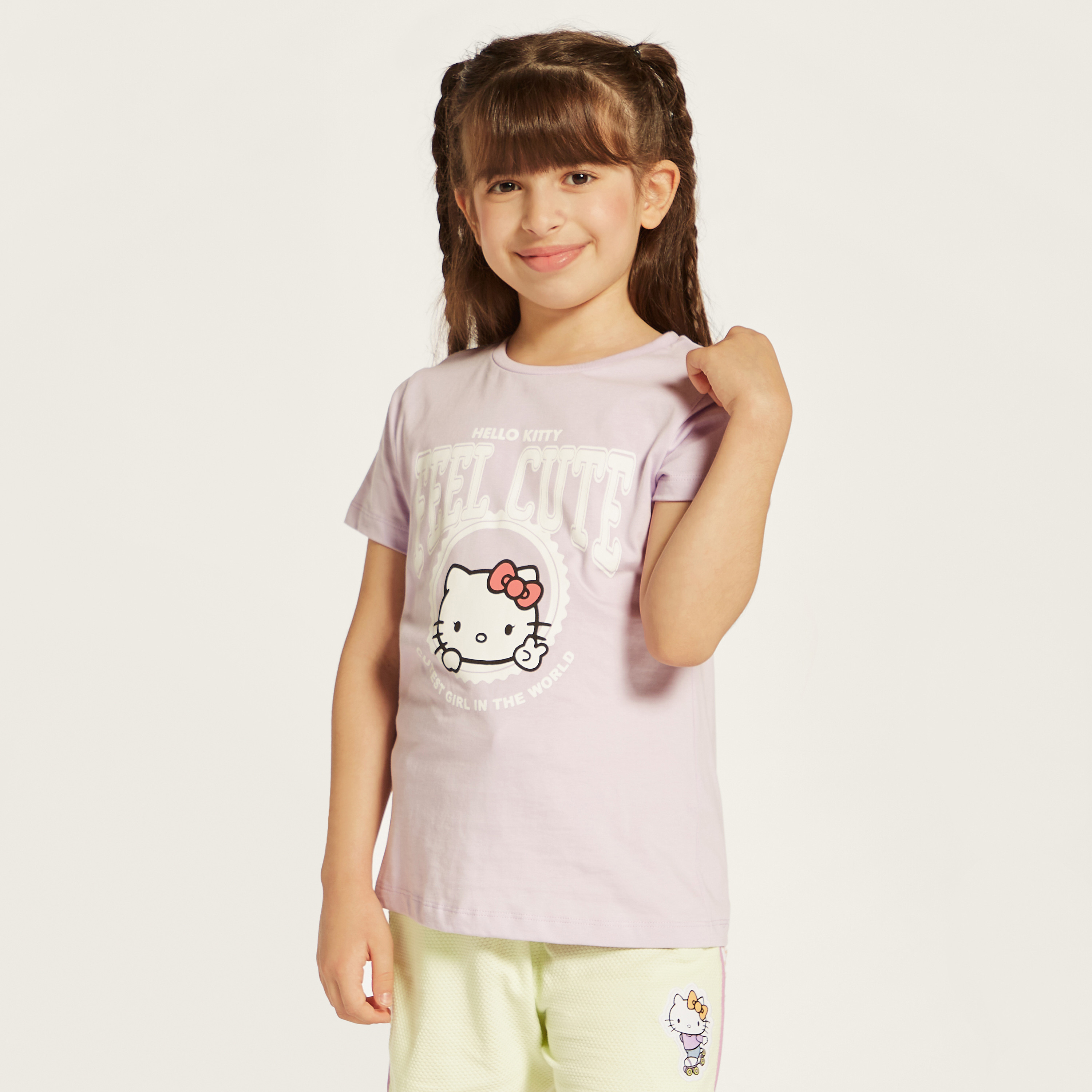 Sanrio Hello Kitty Print Crew Neck T-shirt with Short Sleeves-girls-clothing-schoolwear-tshirts-image-1