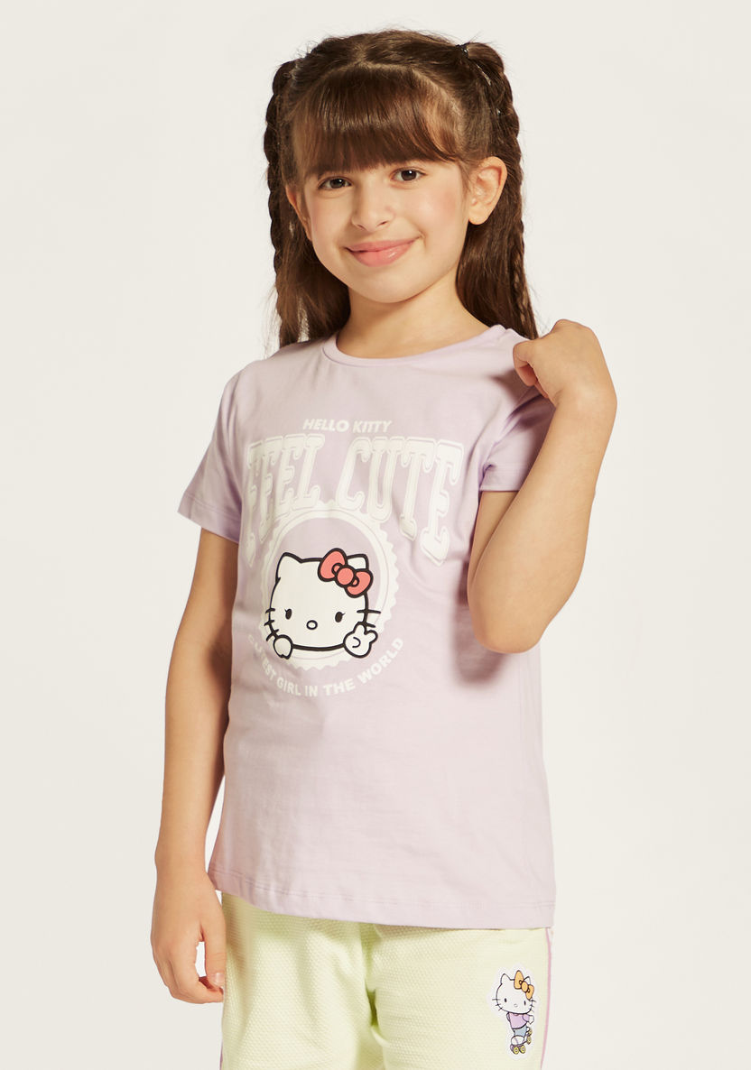 Sanrio Hello Kitty Print Crew Neck T-shirt with Short Sleeves-T Shirts-image-0