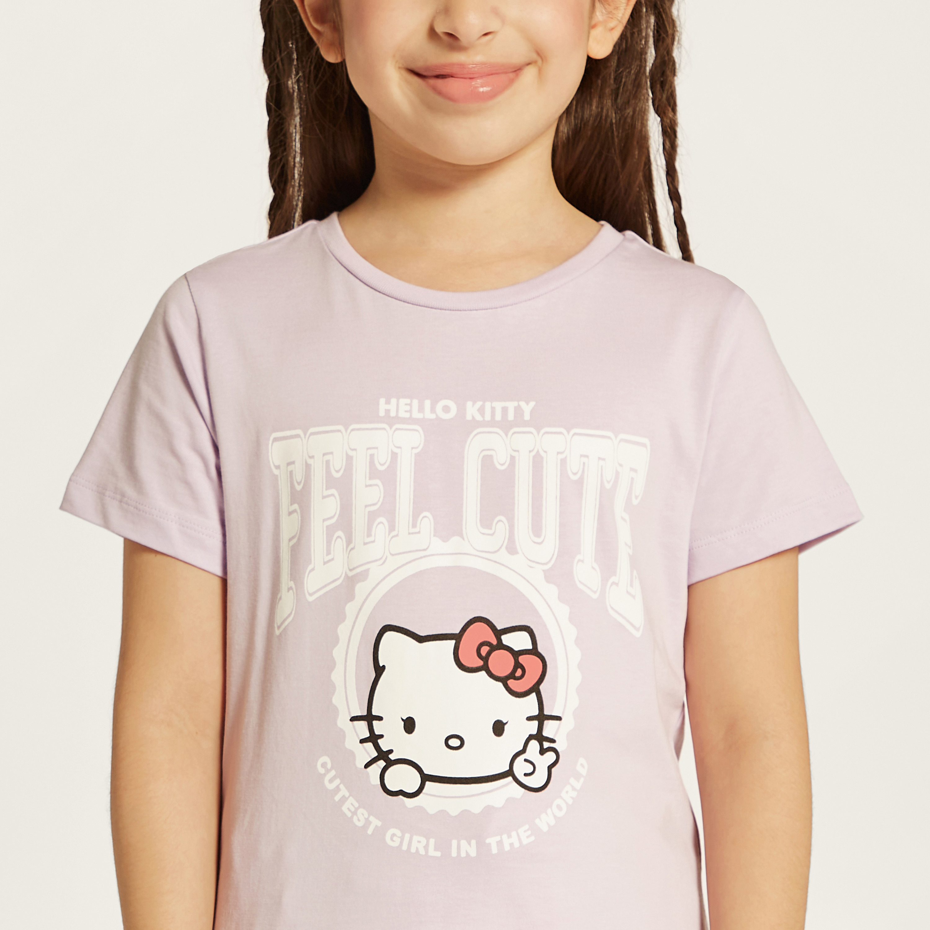 Sanrio Hello Kitty Print Crew Neck T-shirt with Short Sleeves-girls-clothing-schoolwear-tshirts-image-3