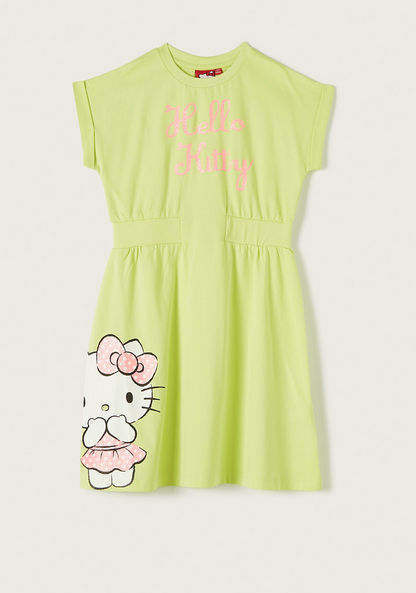 Sanrio Hello Kitty Glitter Print Dress with Short Sleeves-Dresses%2C Gowns and Frocks-image-0