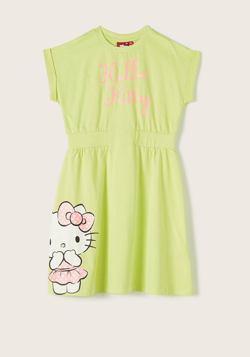 Sanrio Hello Kitty Glitter Print Dress with Short Sleeves-Dresses, Gowns & Frocks-image-0