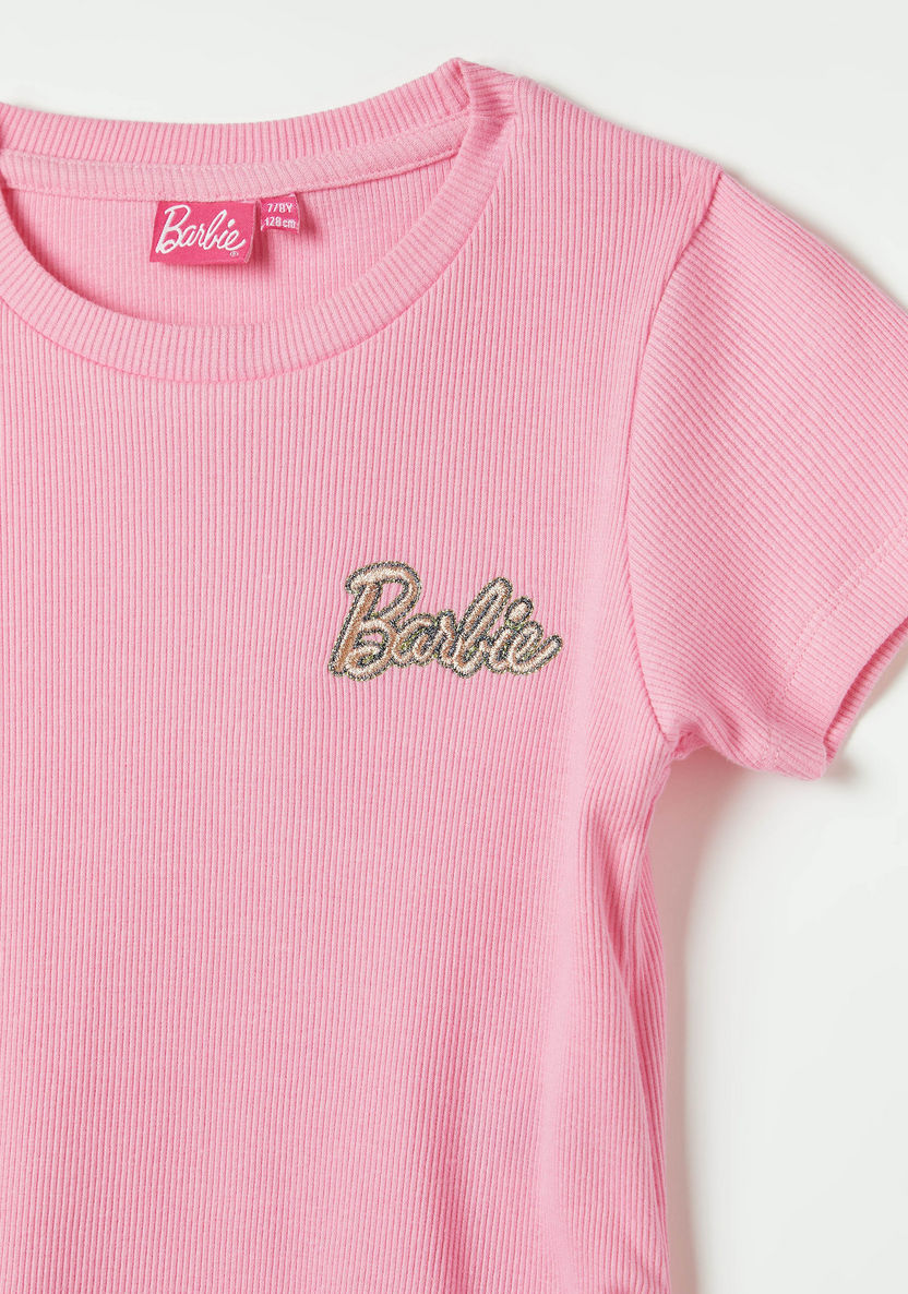 Barbie Embroidered T-shirt with Tie-Up Detail and Short Sleeves-T Shirts-image-1