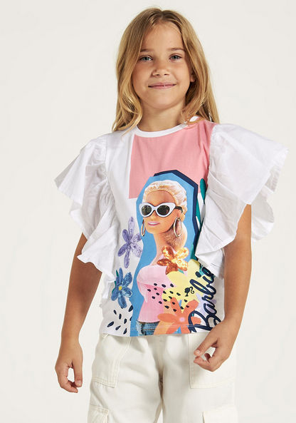 Barbie Print Top with Crew Neck and Ruffle Detail-T Shirts-image-0