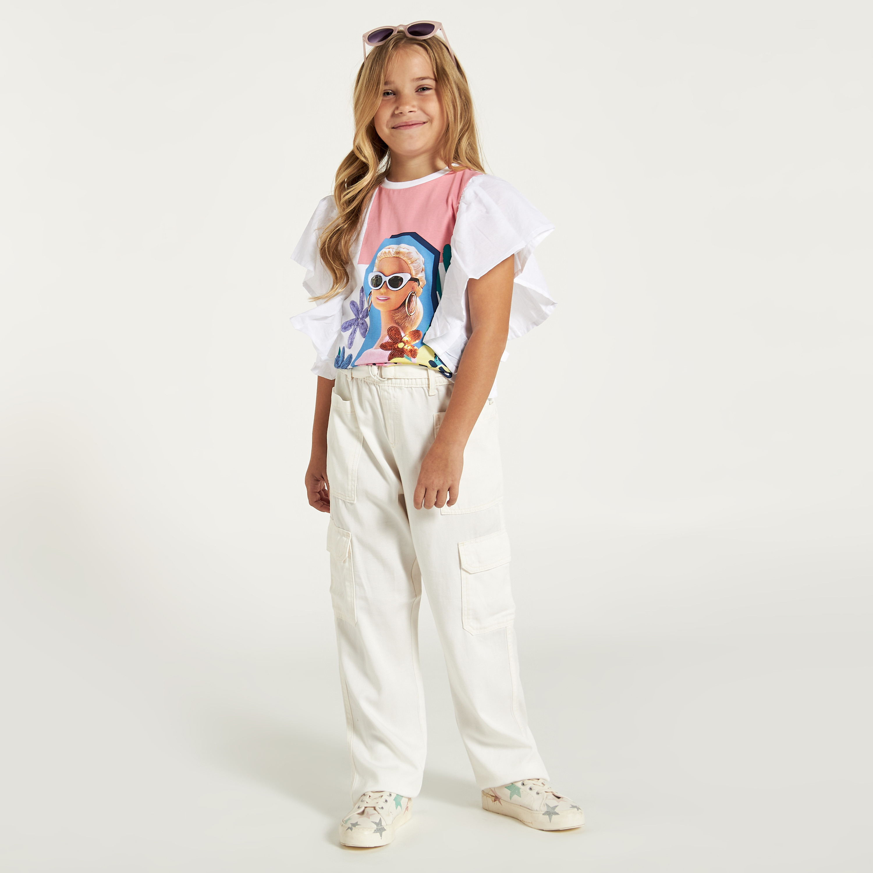 Barbie Print Top with Crew Neck and Ruffle Detail-girls-clothing-schoolwear-tshirts-image-2