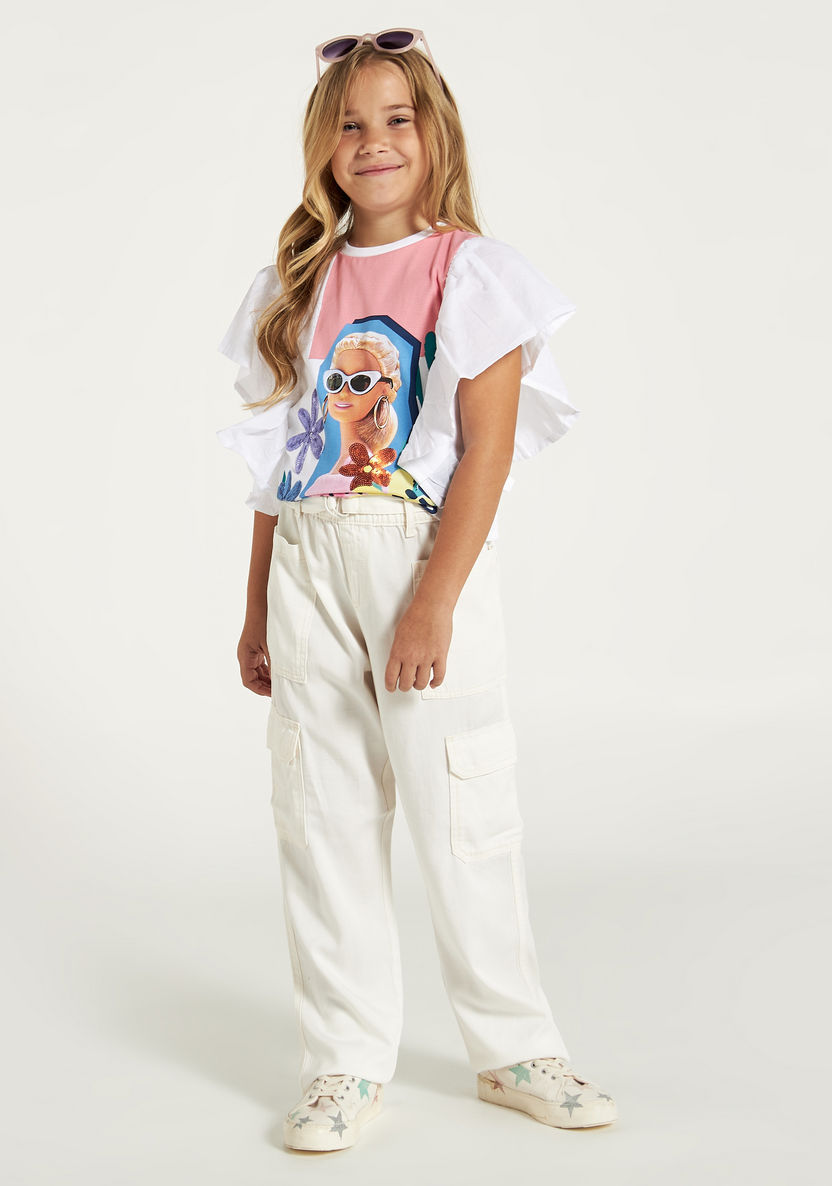 Barbie Print Top with Crew Neck and Ruffle Detail-T Shirts-image-1
