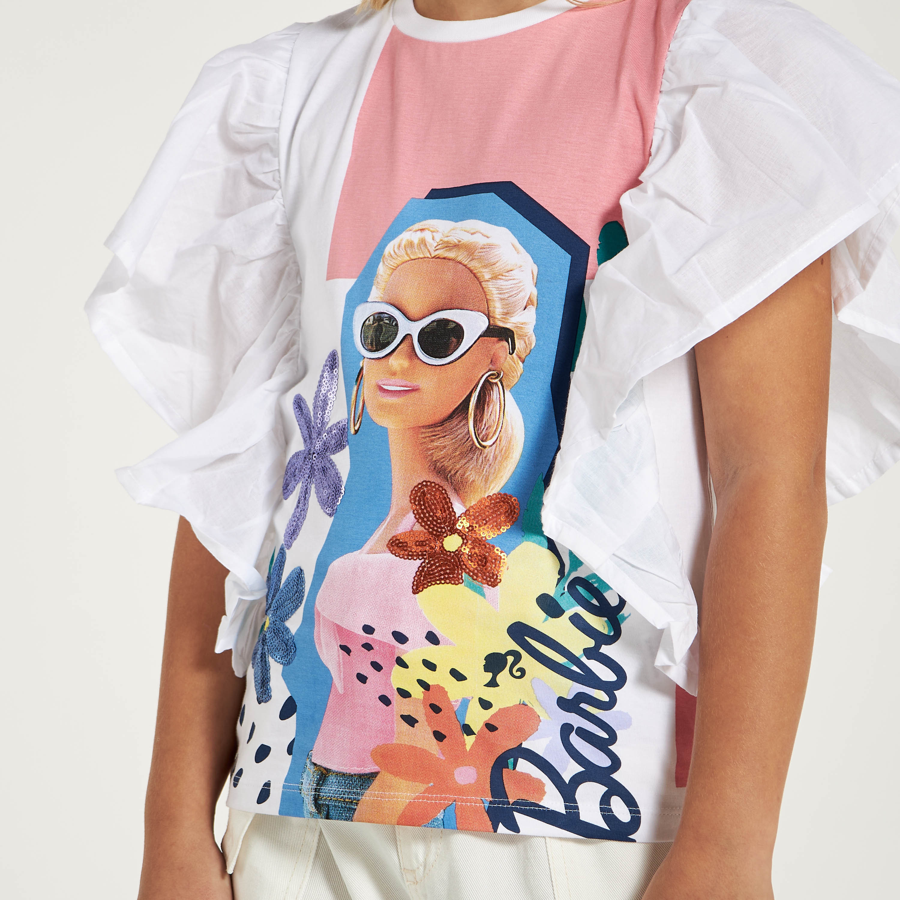 Barbie Print Top with Crew Neck and Ruffle Detail-girls-clothing-schoolwear-tshirts-image-3