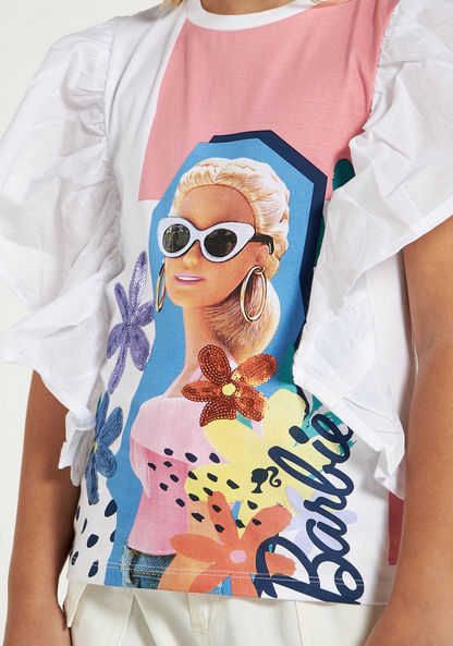 Barbie Print Top with Crew Neck and Ruffle Detail-T Shirts-image-2