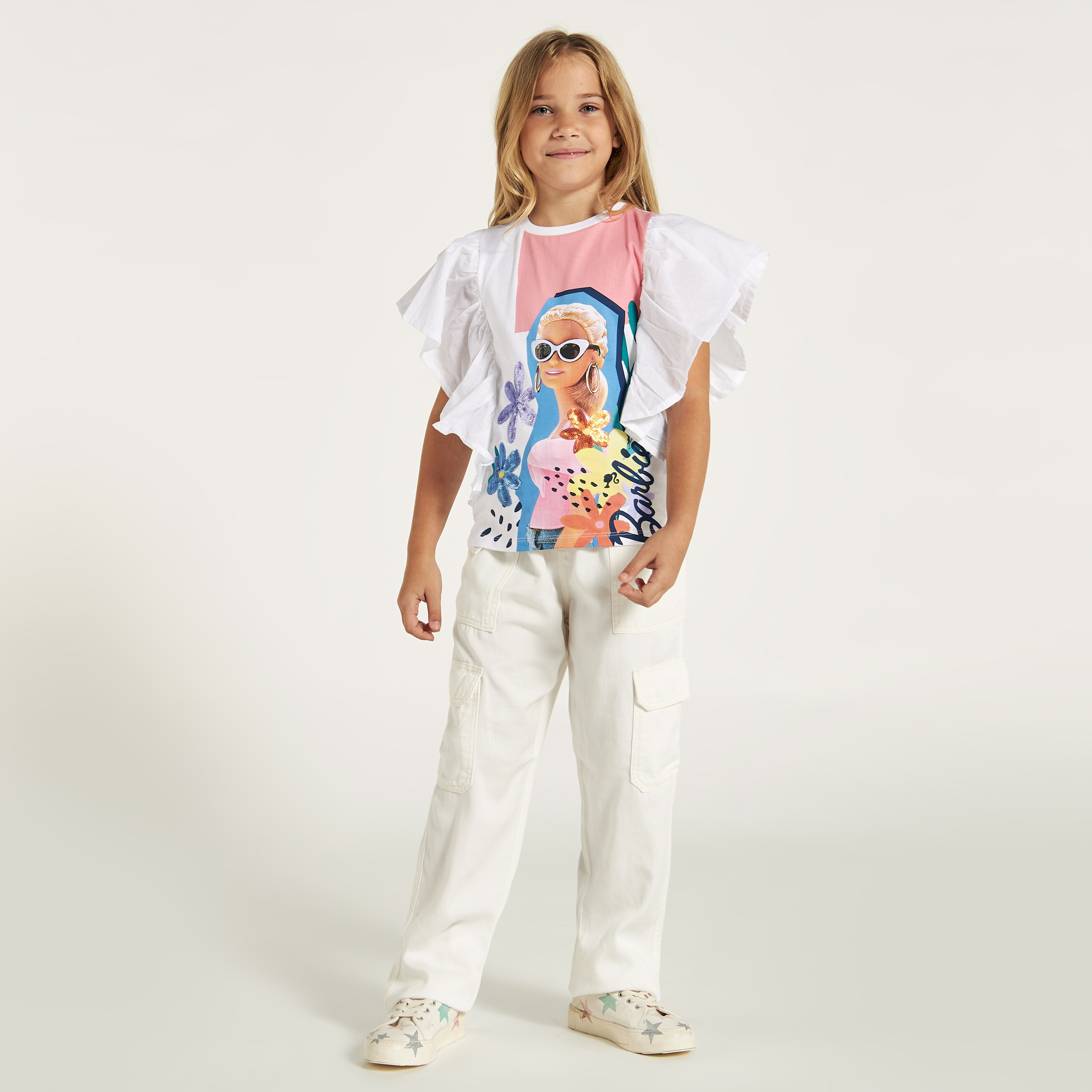 Barbie Print Top with Crew Neck and Ruffle Detail-girls-clothing-schoolwear-tshirts-image-4