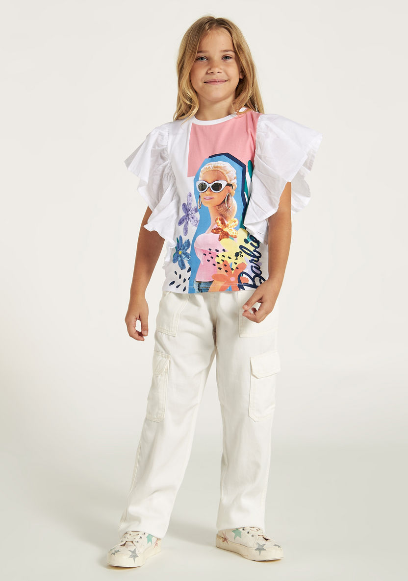 Barbie Print Top with Crew Neck and Ruffle Detail-T Shirts-image-3