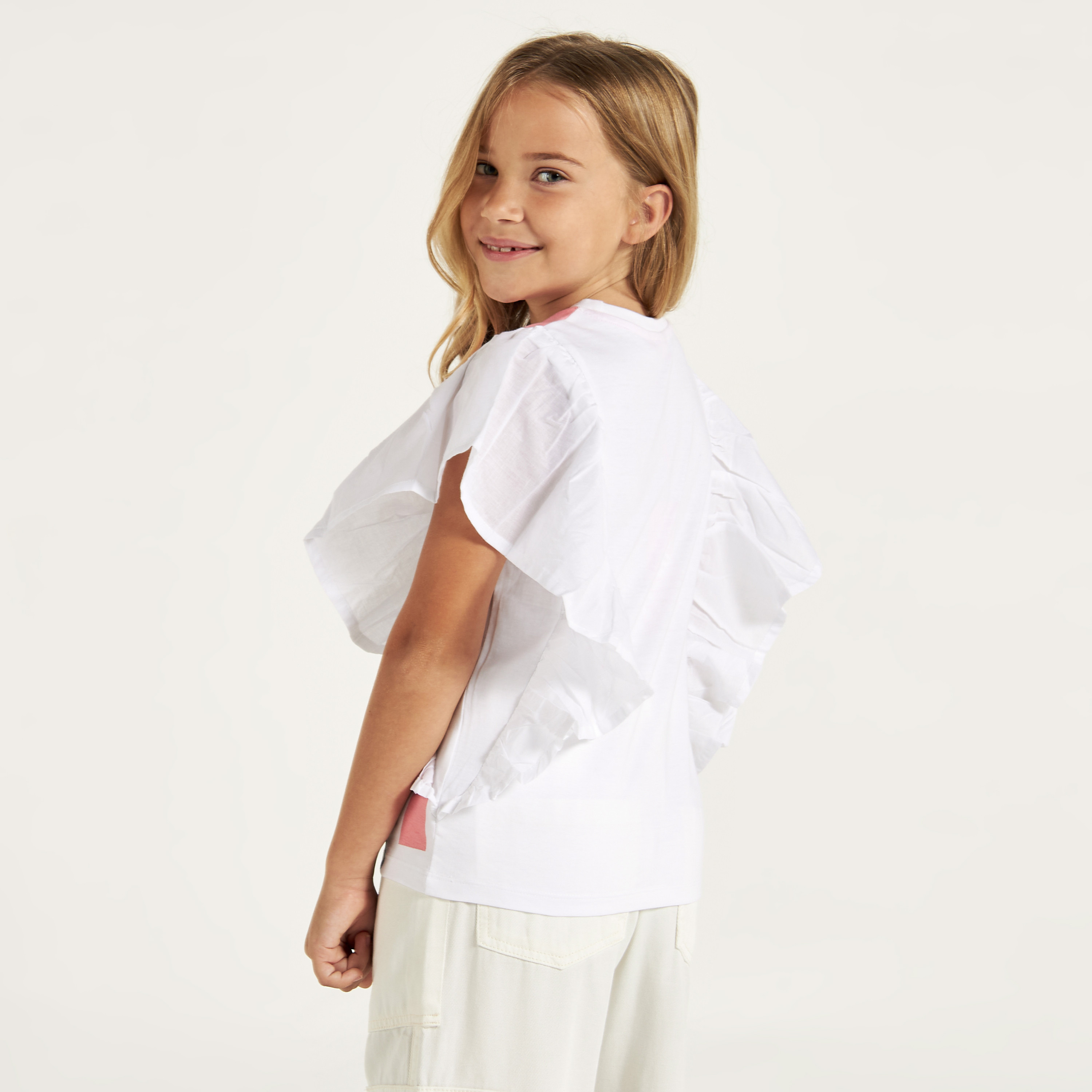 Barbie Print Top with Crew Neck and Ruffle Detail-girls-clothing-schoolwear-tshirts-image-5