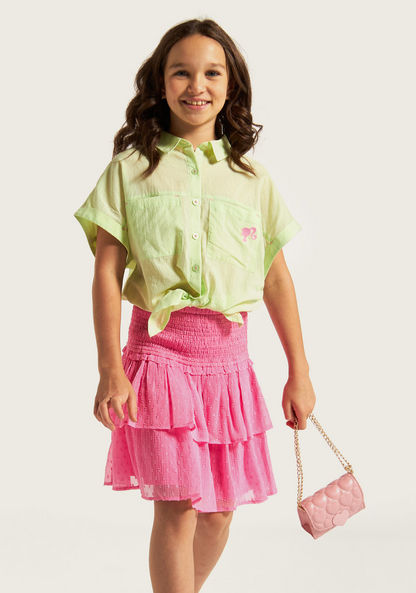 Barbie Detail Short Sleeve Shirt with Button Closure and Pocket-Blouses-image-0