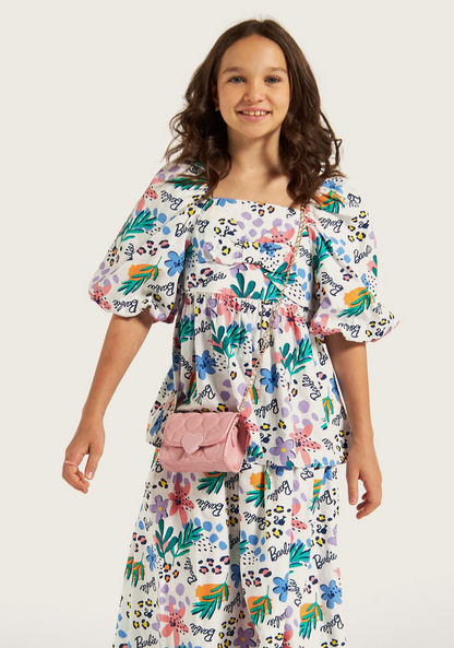 All-Over Barbie Print Peplum Top with Square Neck and Balloon Sleeves-Blouses-image-0