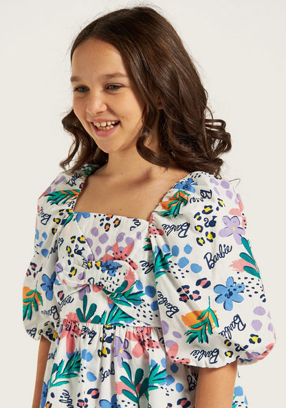 All-Over Barbie Print Peplum Top with Square Neck and Balloon Sleeves-Blouses-image-2