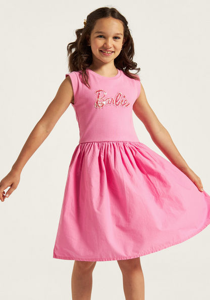 Barbie Print Dress with Round Neck and Short Sleeves-Dresses%2C Gowns and Frocks-image-1