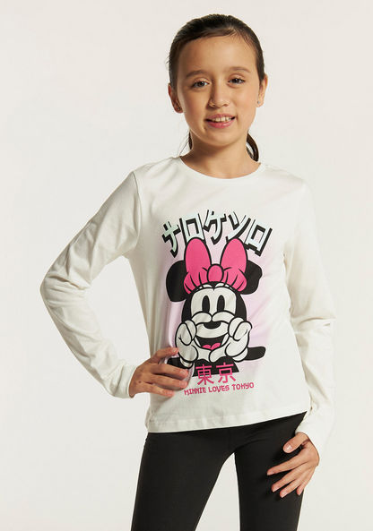 Disney Minnie Mouse Print Crew Neck T-shirt with Long Sleeves-T Shirts-image-0