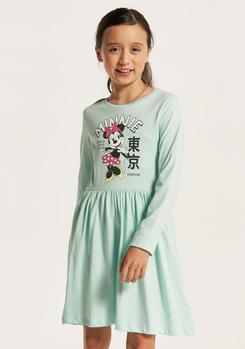 Disney Minnie Mouse Print Dress with Long Sleeves-Dresses%2C Gowns and Frocks-image-0