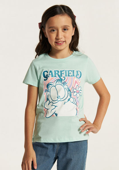 Garfield Print T-shirt with Round Neck and Short Sleeves-T Shirts-image-0