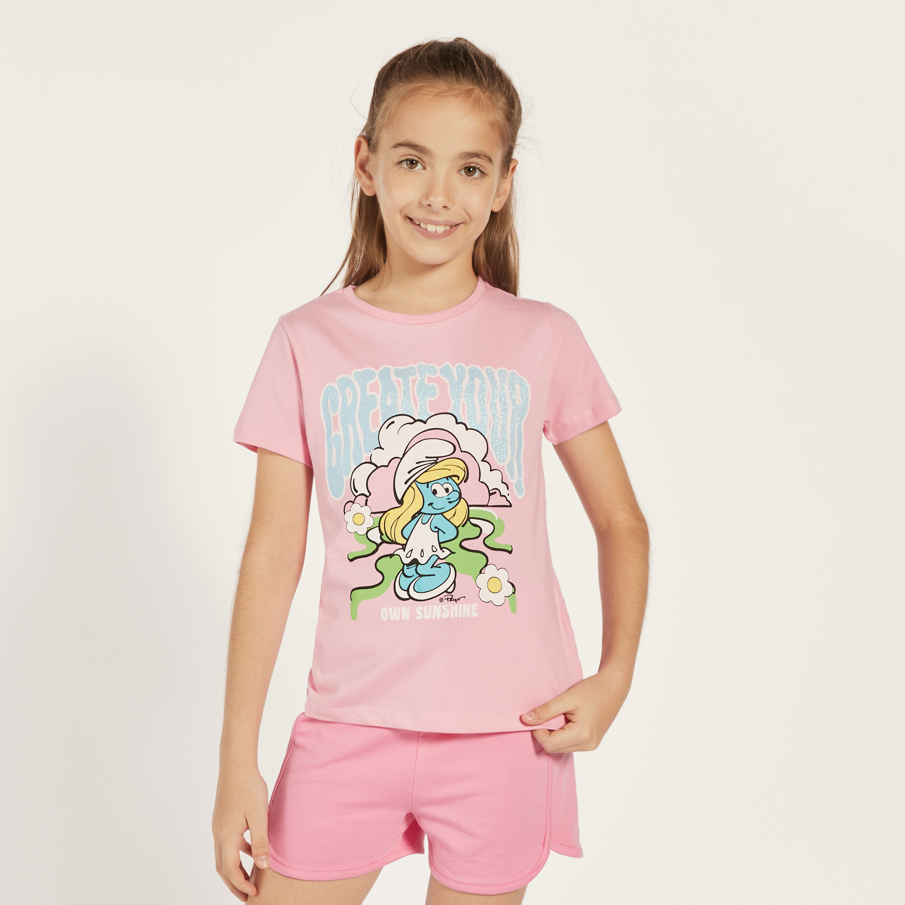 Smurfette Print T-shirt with Glitter Detail-girls-clothing-schoolwear-tshirts-image-1
