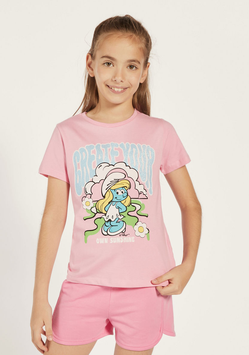 Smurfette Print T-shirt with Glitter Detail-T Shirts-image-0