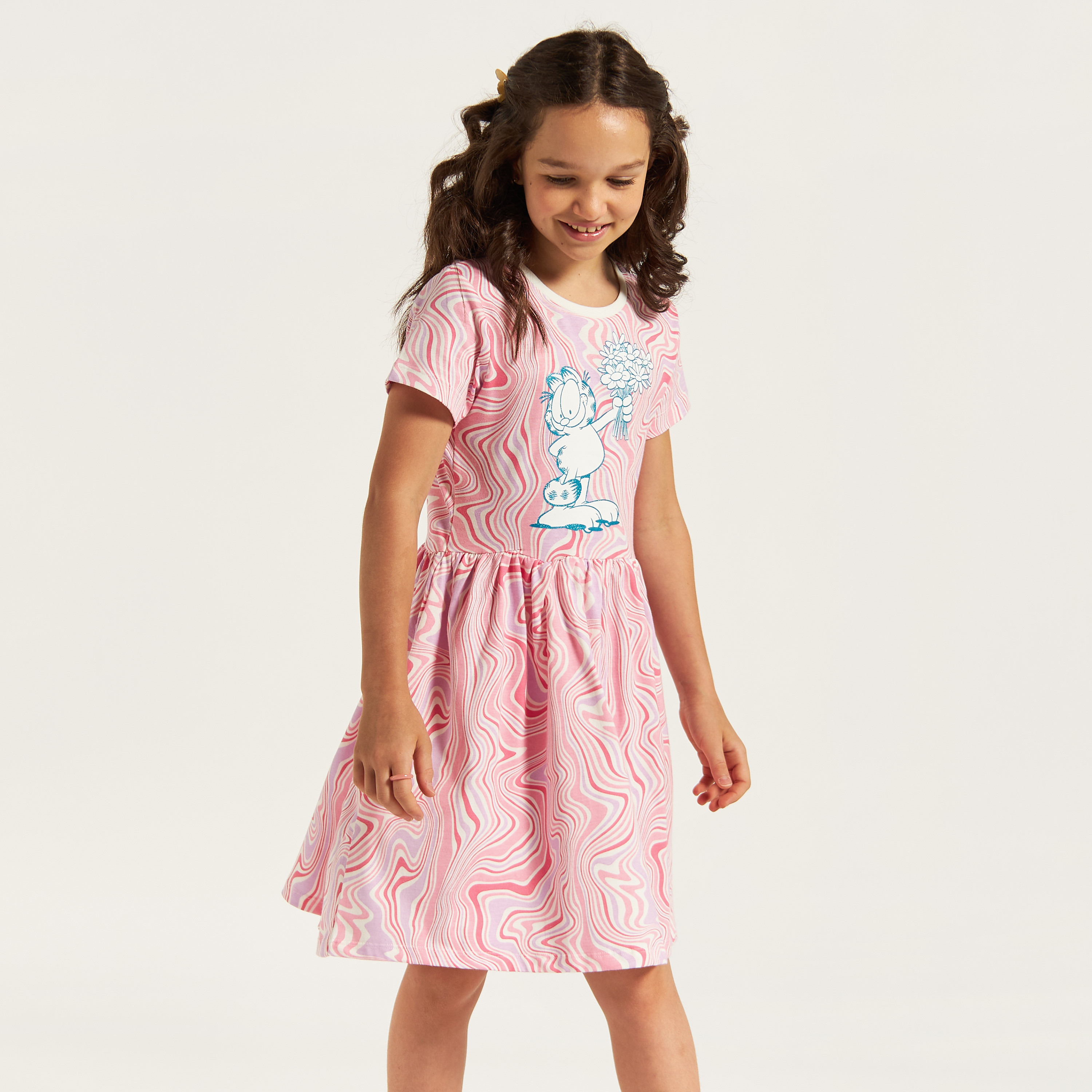 Garfield Print Dress with Round Neck and Short Sleeves-girls-clothing-dressesandjumpsuits-image-2