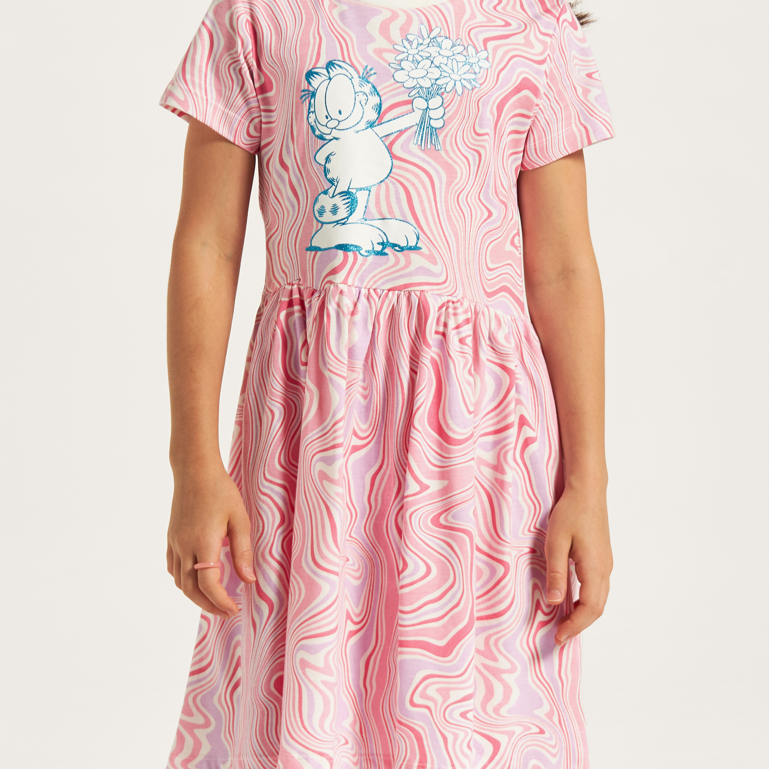 Garfield Print Dress with Round Neck and Short Sleeves-girls-clothing-dressesandjumpsuits-image-3