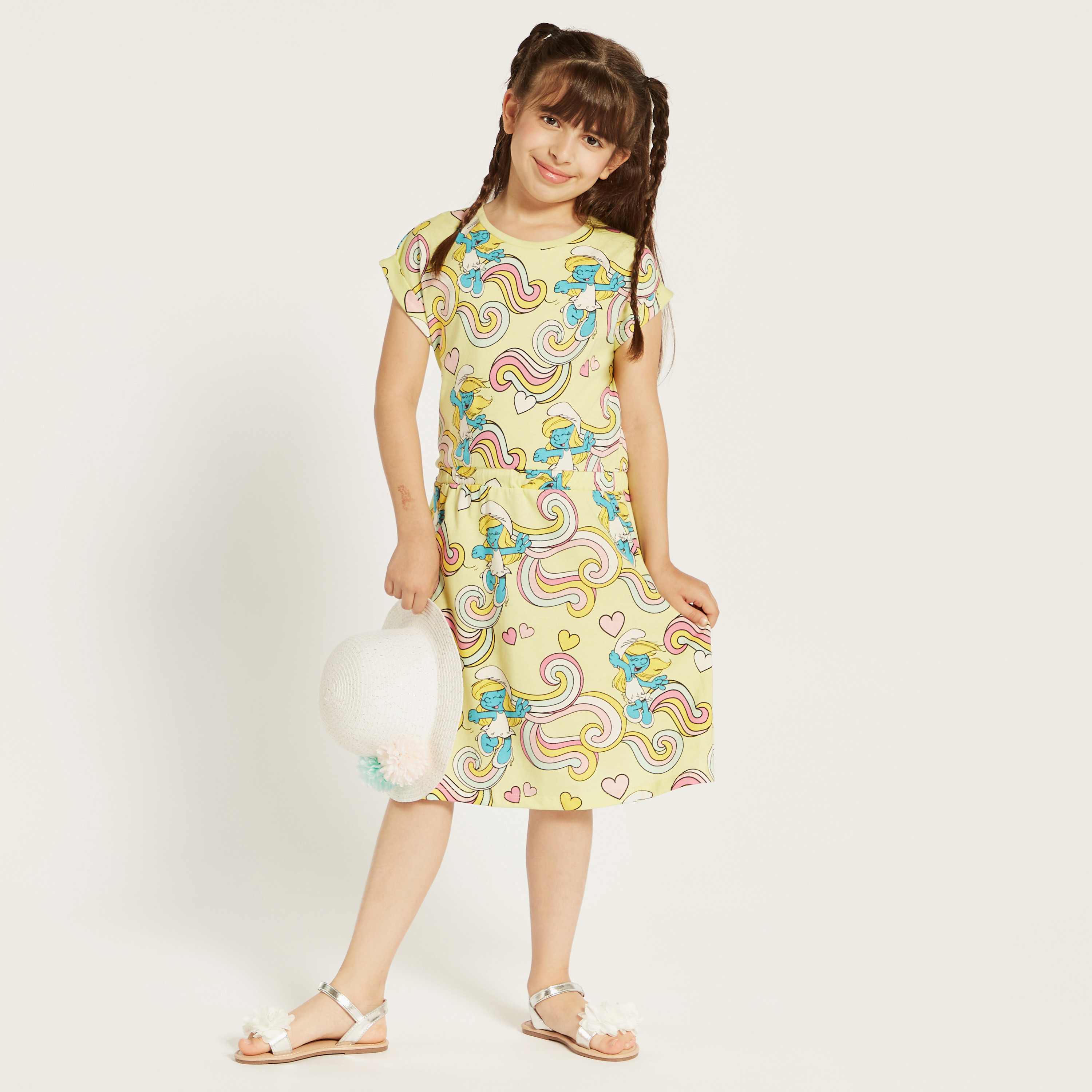 All-Over Smurf Print Dress with Round Neck and Short Sleeves-girls-clothing-dressesandjumpsuits-image-1