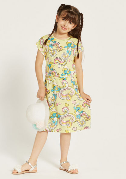 All-Over Smurf Print Dress with Round Neck and Short Sleeves-Dresses%2C Gowns and Frocks-image-0