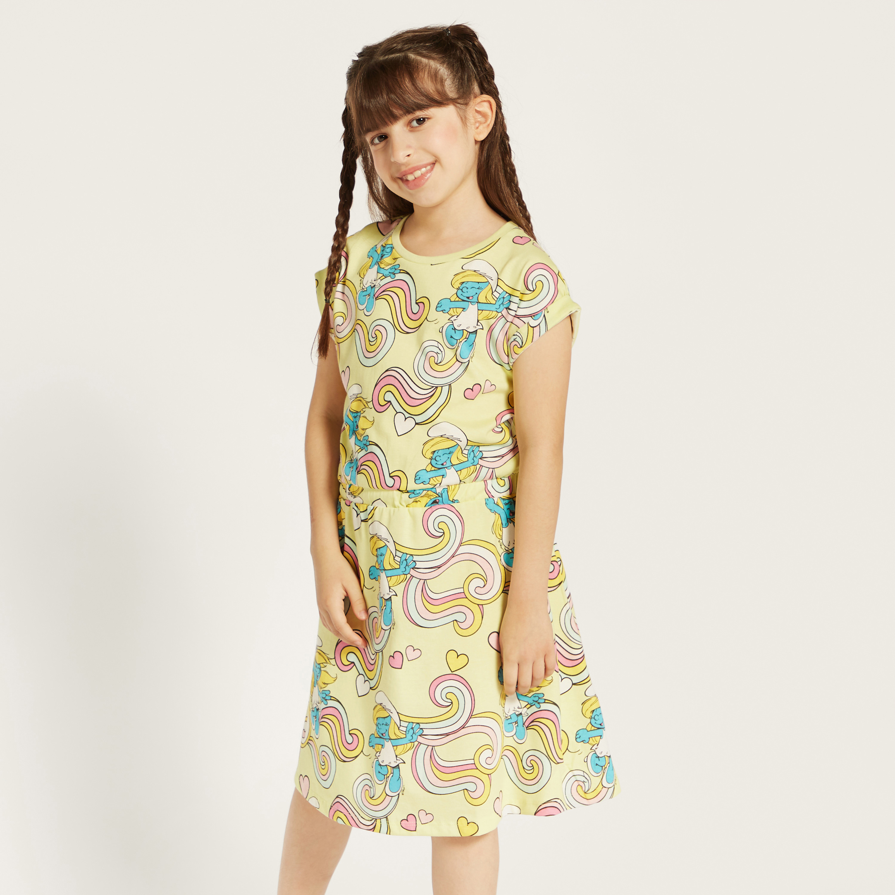 All-Over Smurf Print Dress with Round Neck and Short Sleeves-girls-clothing-dressesandjumpsuits-image-2