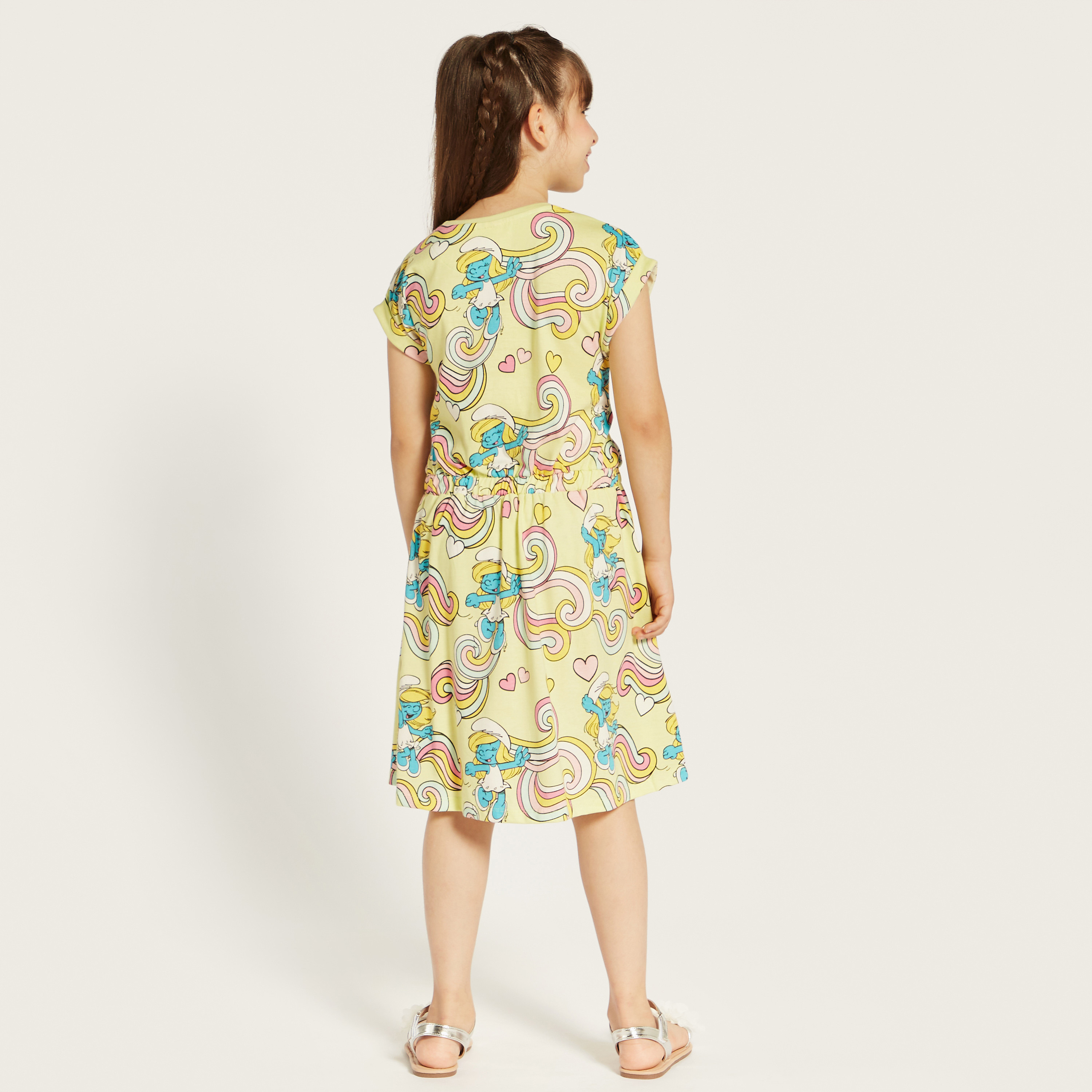 All-Over Smurf Print Dress with Round Neck and Short Sleeves-girls-clothing-dressesandjumpsuits-image-4