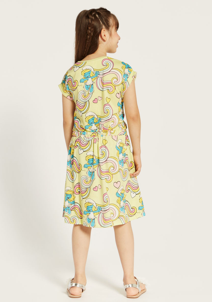 All-Over Smurf Print Dress with Round Neck and Short Sleeves-Dresses, Gowns & Frocks-image-3
