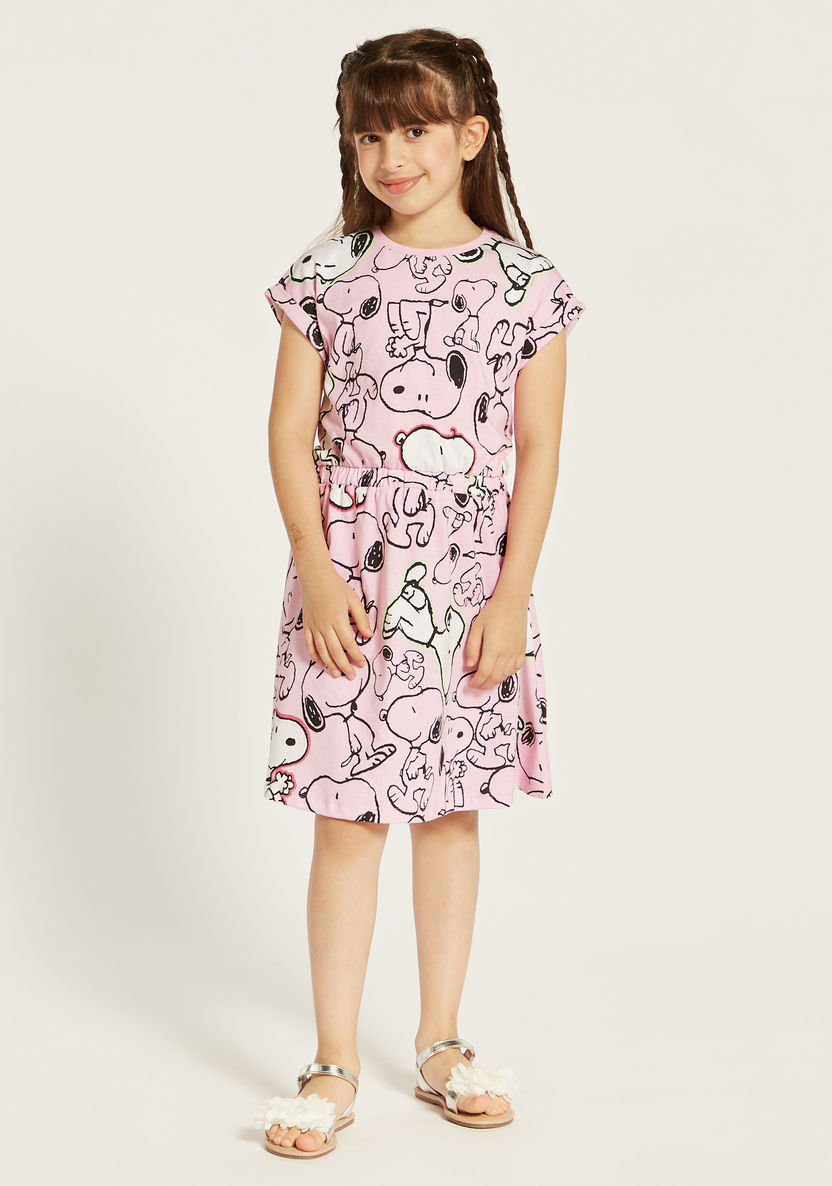 Snoopy Print Dress with Round Neck and Short Sleeves-Dresses%2C Gowns and Frocks-image-0