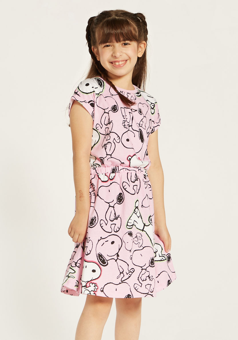 Snoopy Print Dress with Round Neck and Short Sleeves-Dresses%2C Gowns and Frocks-image-1