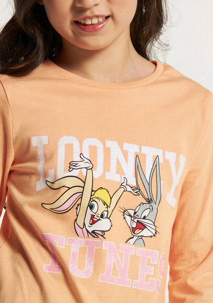 Bugs Bunny Print T-shirt with Round Neck and Long Sleeves-T Shirts-image-2