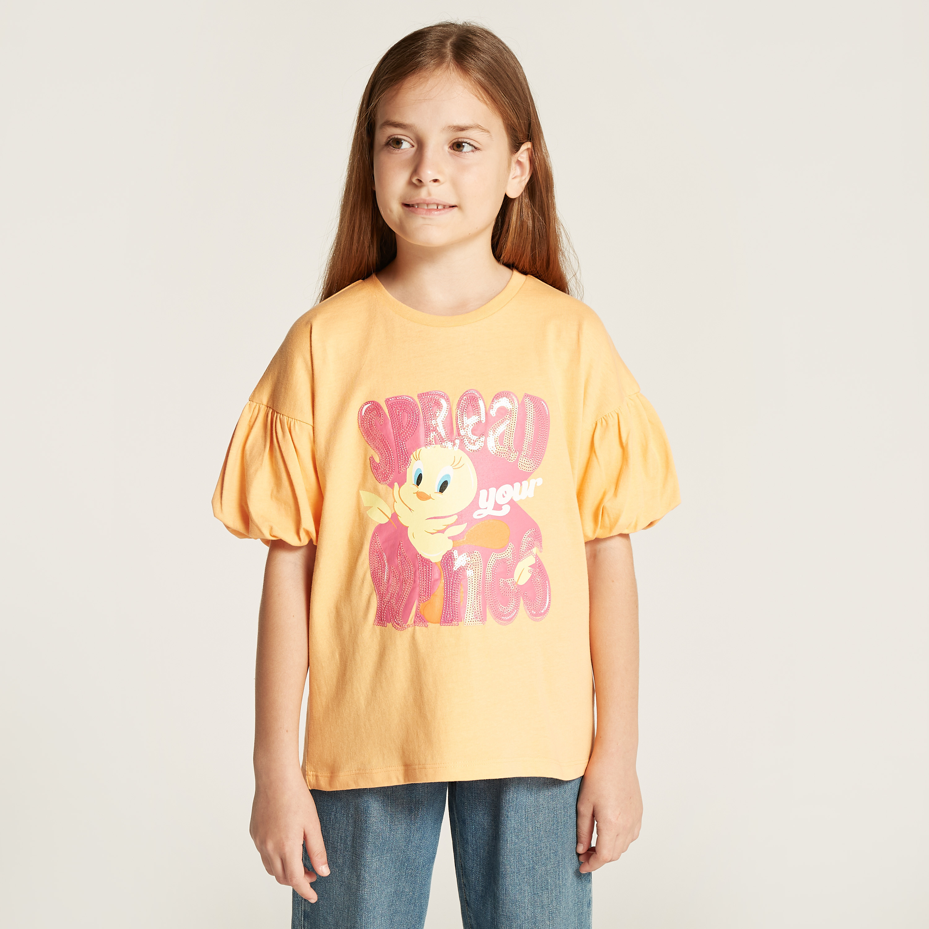 Tweety Sequinned T-shirt with Short Puff Sleeves and Round Neck-girls-clothing-tshirts-image-1
