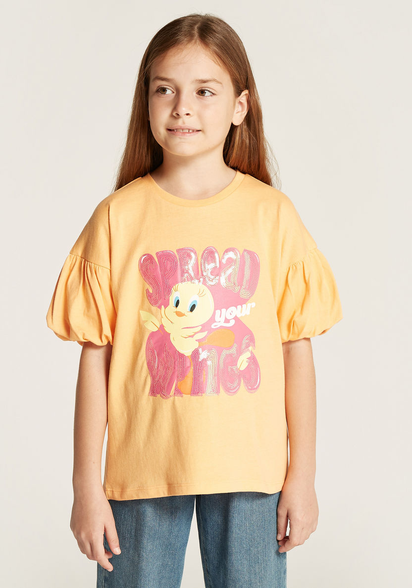 Tweety Sequinned T-shirt with Short Puff Sleeves and Round Neck-T Shirts-image-0