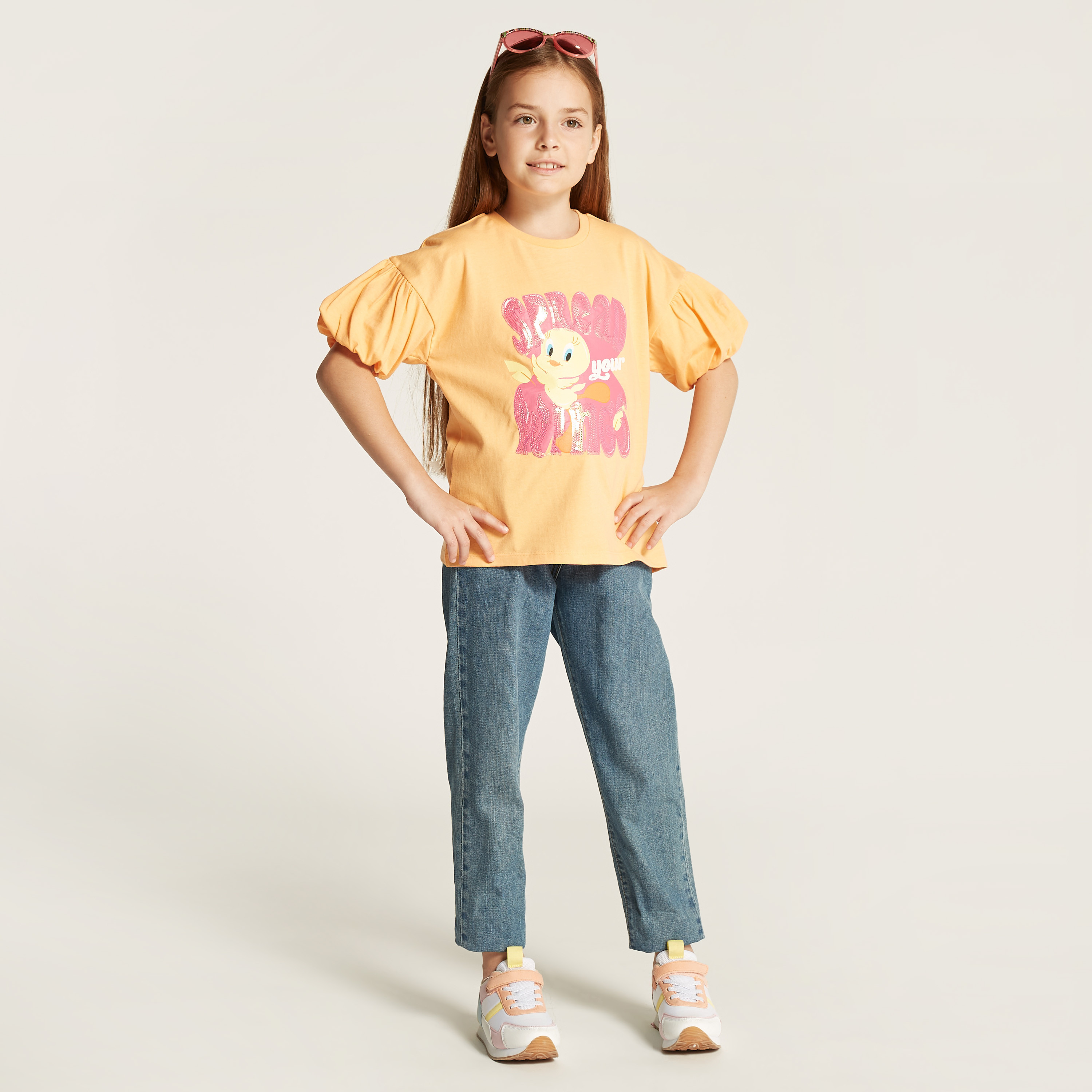 Tweety Sequinned T-shirt with Short Puff Sleeves and Round Neck-girls-clothing-tshirts-image-2