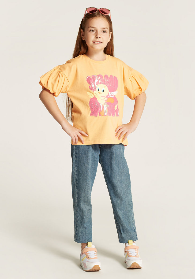 Tweety Sequinned T-shirt with Short Puff Sleeves and Round Neck-T Shirts-image-1