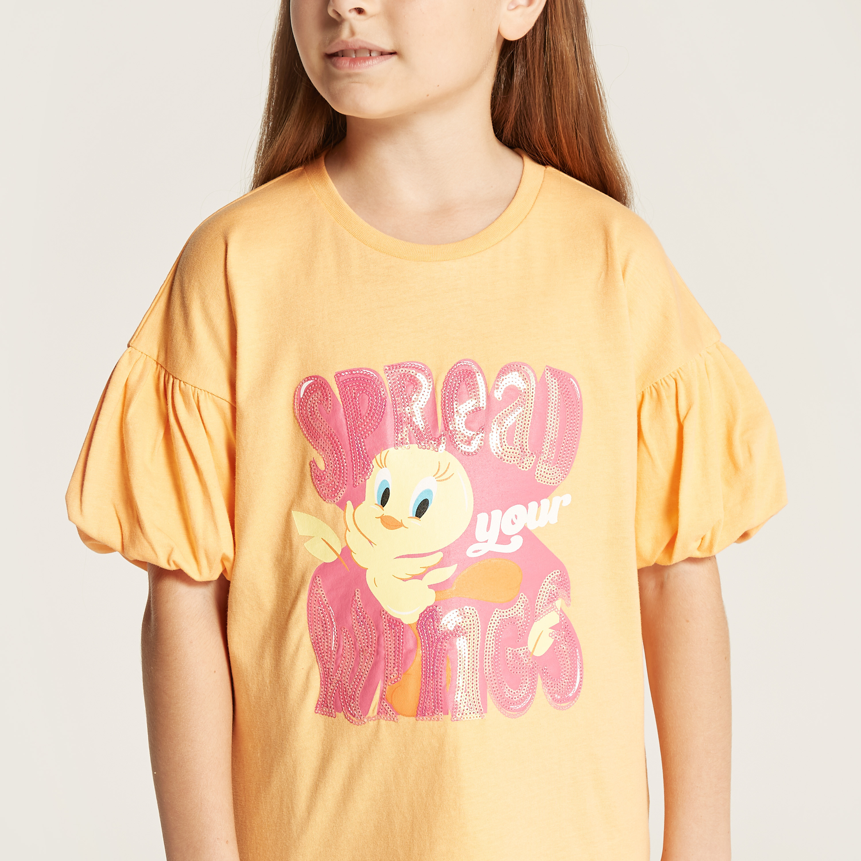 Tweety Sequinned T-shirt with Short Puff Sleeves and Round Neck-girls-clothing-tshirts-image-3