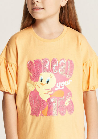 Tweety Sequinned T-shirt with Short Puff Sleeves and Round Neck-T Shirts-image-2