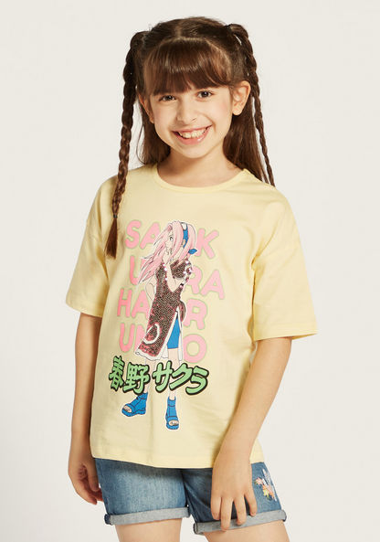 TV Tokyo Graphic Print T-shirt with Round Neck and Sequin Detail-T Shirts-image-0