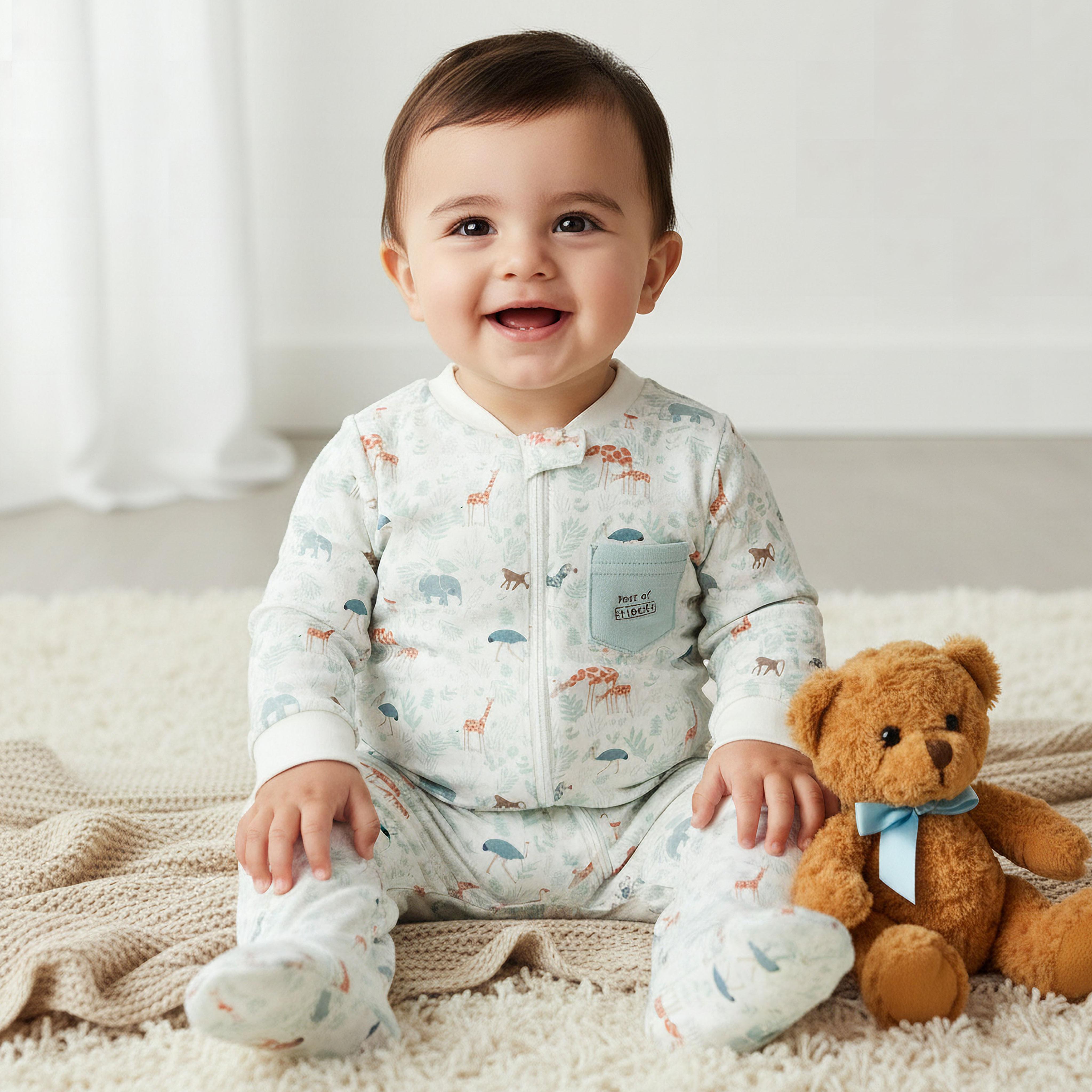 Juniors Cotton Mandarin Collar Long Sleeves Sleepsuit with Safari Print-baby-boys-clothing-nightwear-sleepsuits-image-1