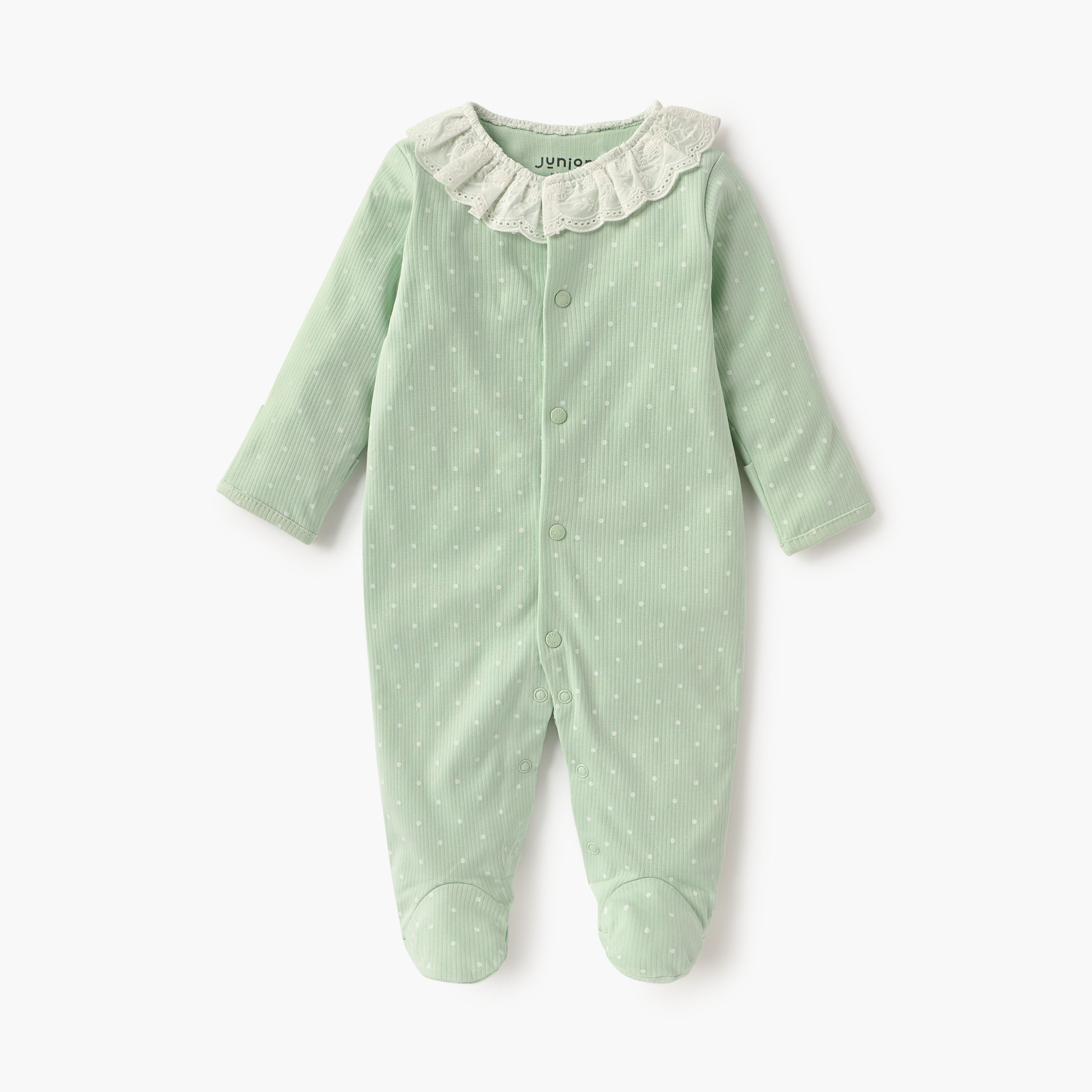 Juniors Polka Dot Print Sleepsuit with Long Sleeves and Lace Detail-baby-girls-clothing-nightwear-sleepsuits-image-1