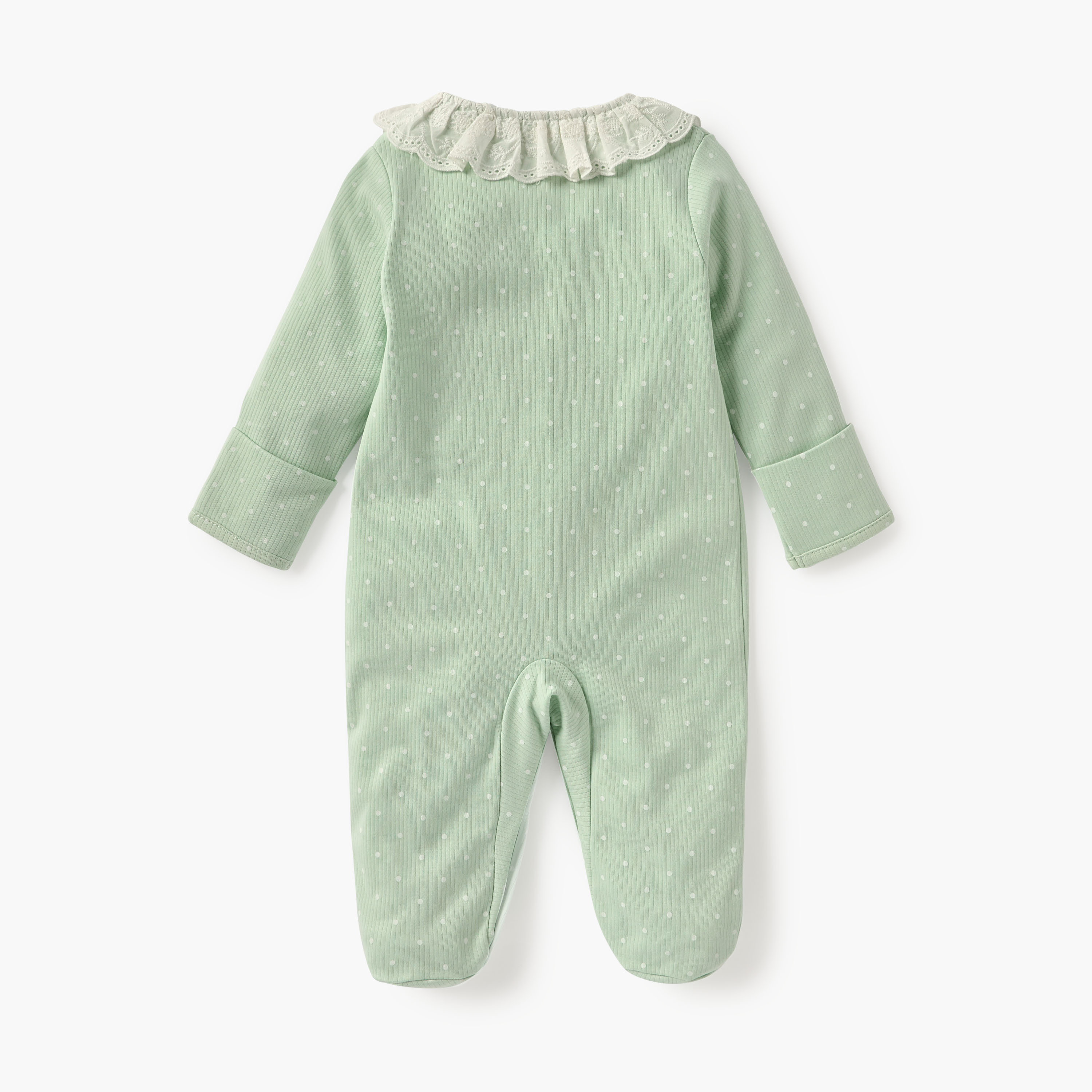 Juniors Polka Dot Print Sleepsuit with Long Sleeves and Lace Detail-baby-girls-clothing-nightwear-sleepsuits-image-2